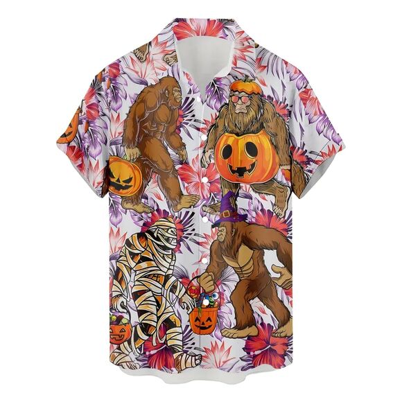 Sasquatch Big Foot Hawaiian Halloween Fall Button Down Casual Men's Shirt XXL #L - Picture 1 of 5